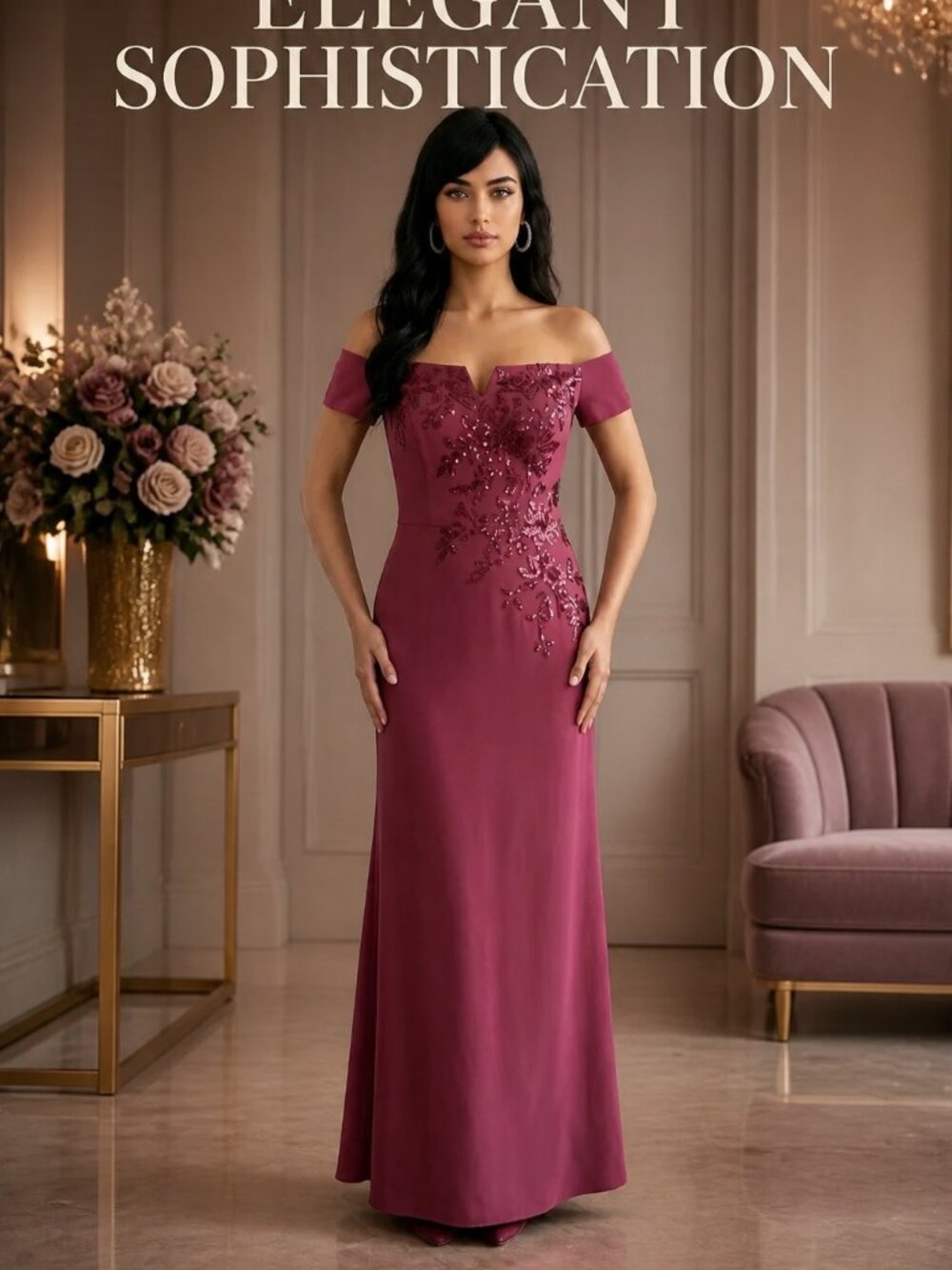 Off-Shoulder Burgundy Evening Gown With Sequin Floral Embellishments